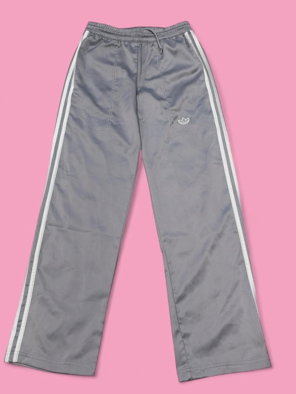 Adidas Originals Satin Track Pants Glory Grey Wide Leg 3 Stripe - S - NWOT